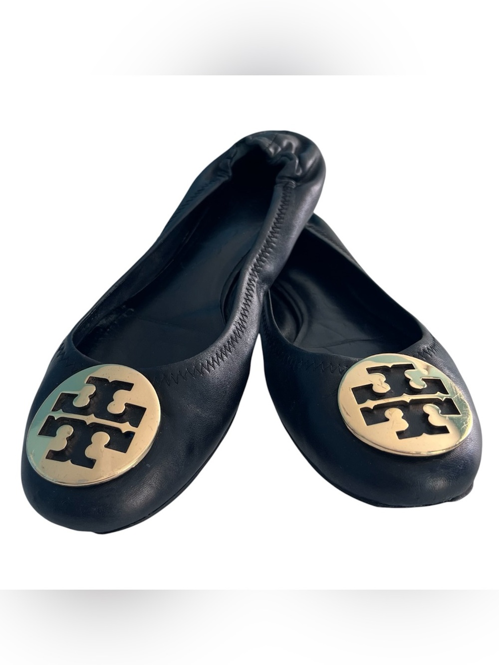 Tory Burch Black Leather Ballet Flats with Gold Logo Medallion